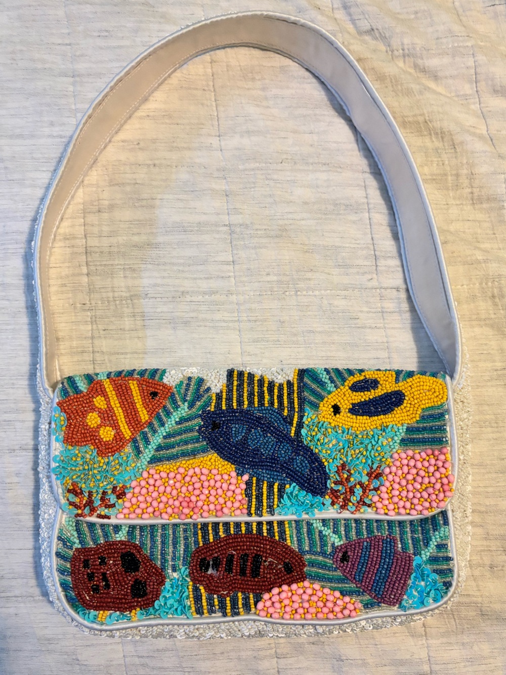 Beaded Tropical Fish Shoulder Bag - White Strap - Picture 1 of 2
